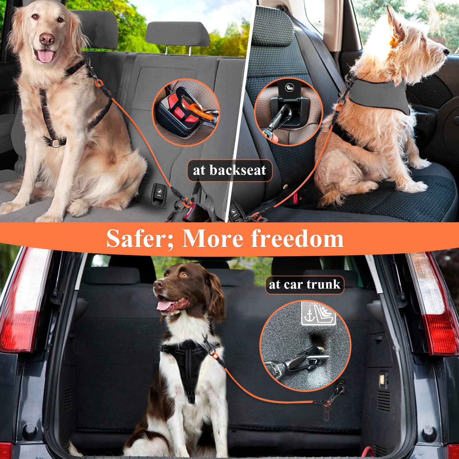 Vivaglory Dog Seat Belt, Chew Proof Multi-Functional Waterproof Dogs Safety Belt, Heavy Duty Steel Rope Pet Car Seatbelt Rrestra